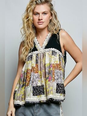 POL Floral V-Neck Sheer Tank with Lace Trim Boho Style